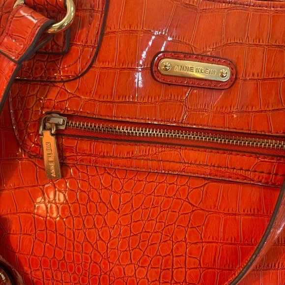 Anne Klein Orange Croc Embossed Patent Leather Tote Shoulder Bag - Picture 3 of 8